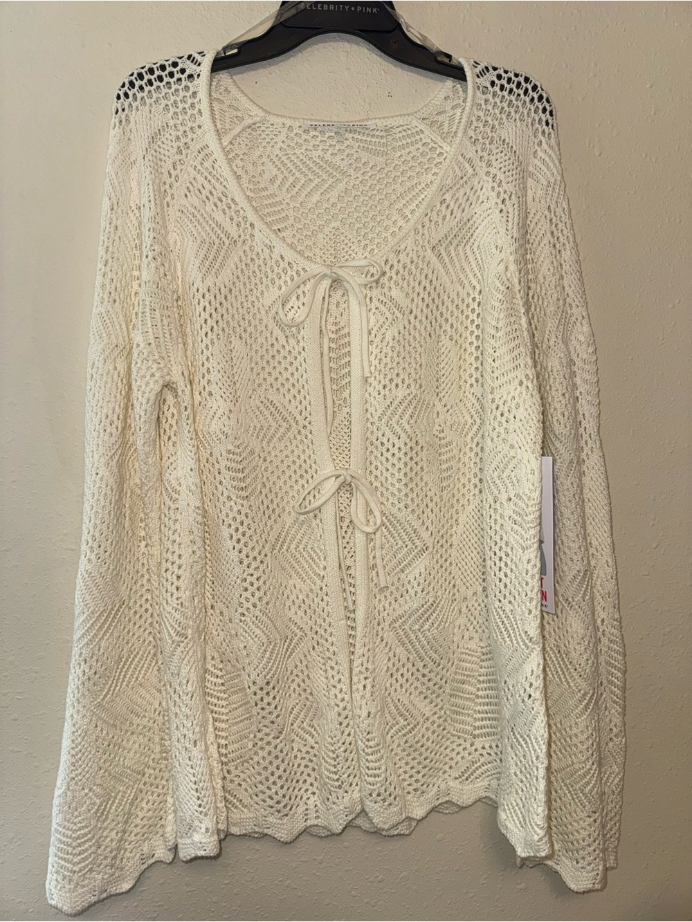 Celebrity Pink Cream Crochet Tie-Front Cardigan
